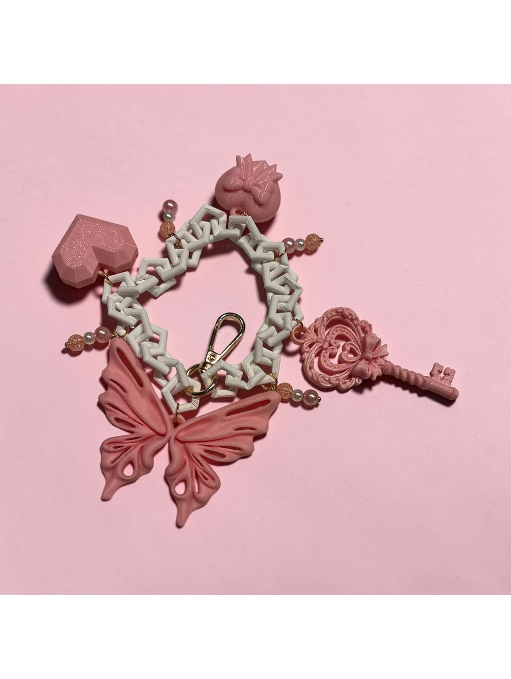 Y2K Pink White Chunky Keychain | Heart Butterfly Key Charm